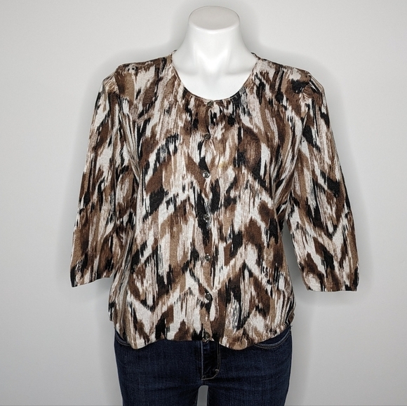 J Jill brown tan abstract linen blend button up cardigan L - Picture 1 of 9
